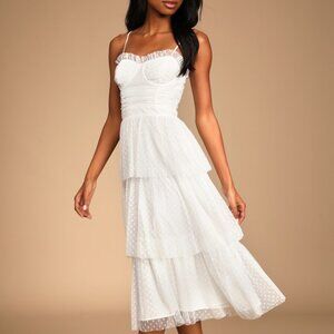 Lulus Sweetheart Style White Polka Dot Bustier Tiered Midi Dress - Size S